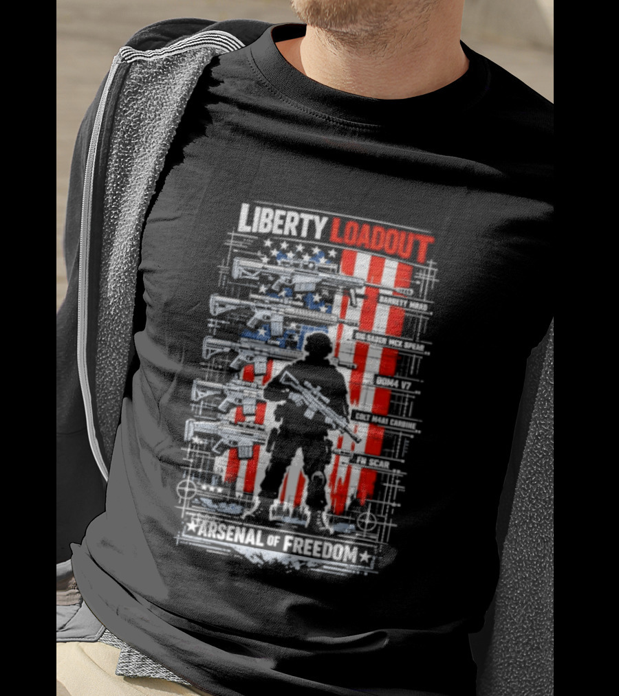 Liberty Loadout Arsenal Of Freedom USA Flag Soldier T-Shirt