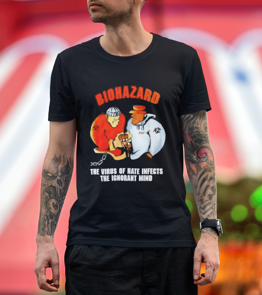 Biohazard The Virus Of Hate Infects The Ignorant Mind Orange And White Figures Confrontation T-Shirt