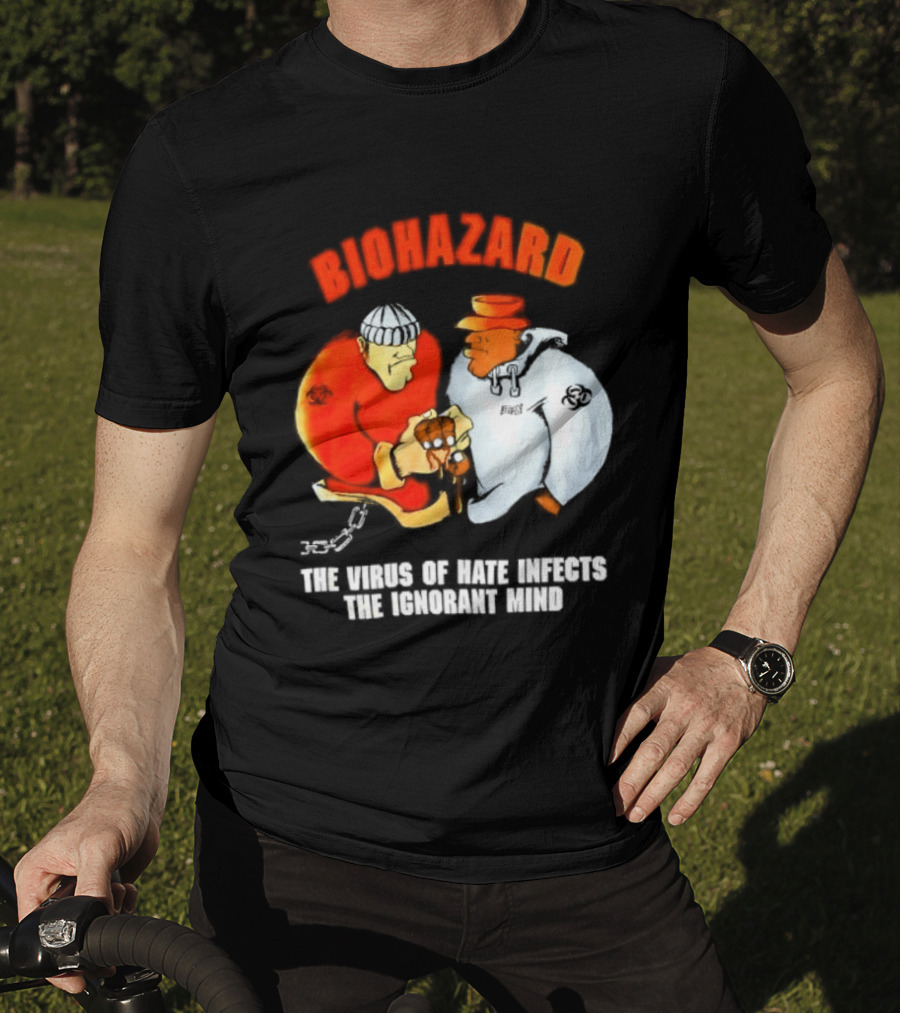 Biohazard The Virus Of Hate Infects The Ignorant Mind Orange And White Figures Confrontation T-Shirt