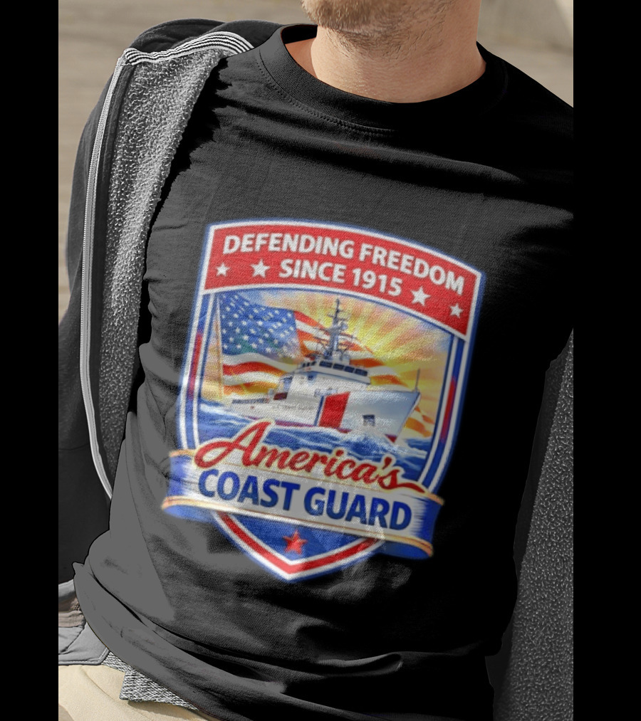 Defending Freedom Since 1915 America's Coast Guard US Flag Ship T-Shirt