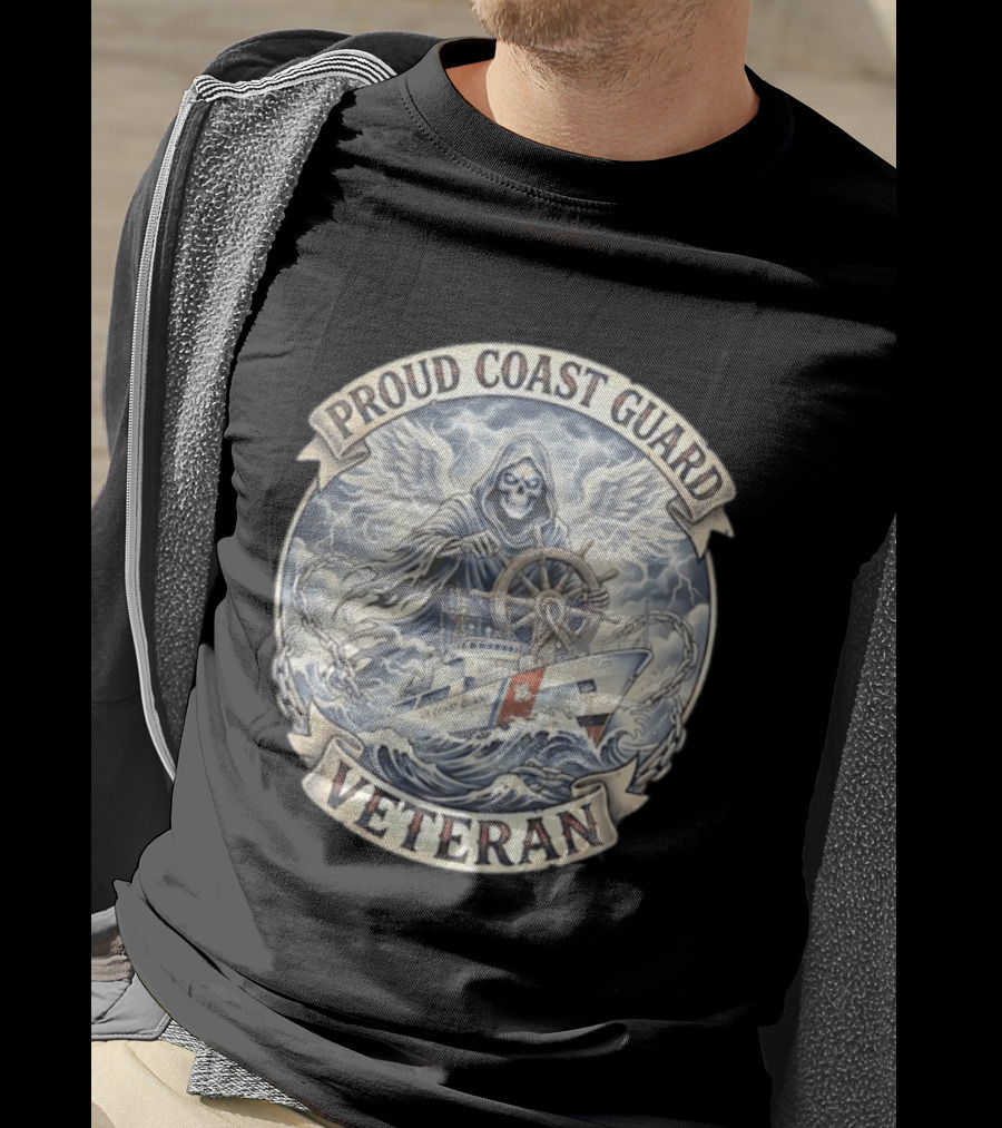Proud Coast Guard Veteran Grim Reaper With Ship And Wheel T-Shirt