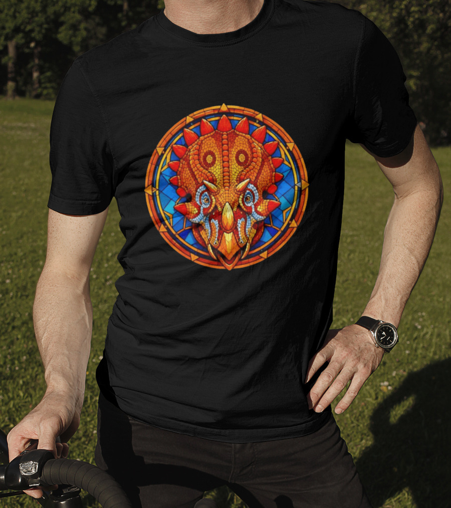 Triceratops Dinosaur Head Stained Glass Circle T-Shirt