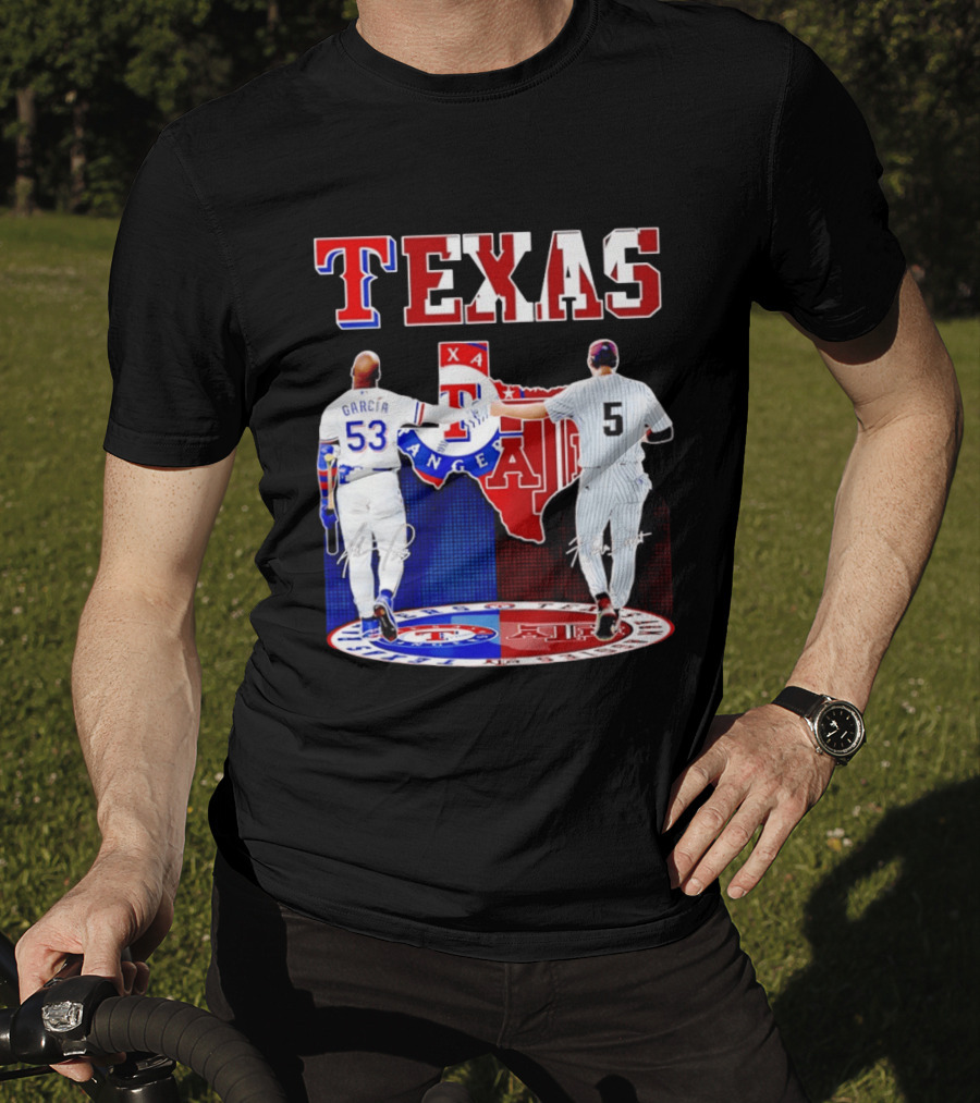 Texas Rangers Adolis Garcia And Texas A&M Aggies Hunter Schott Split Map T-Shirt