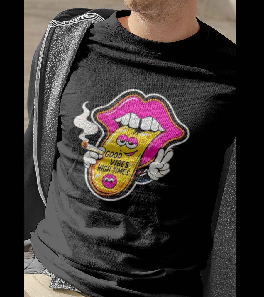 Good Vibes High Times Smoking Tongue And Peace Sign T-Shirt