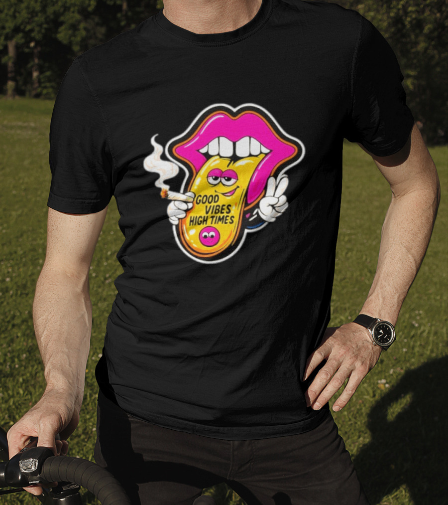 Good Vibes High Times Smoking Tongue And Peace Sign T-Shirt