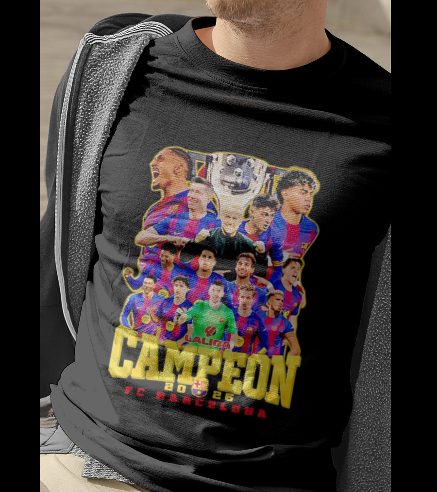 Hansi Flick Robert Lewandowski Lamine Yamal Pedri Raphinha FC Barcelona LaLiga Campeón 2026 T-Shirt