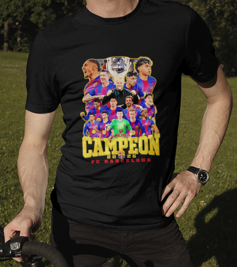 Hansi Flick Robert Lewandowski Lamine Yamal Pedri Raphinha FC Barcelona LaLiga Campeón 2026 T-Shirt