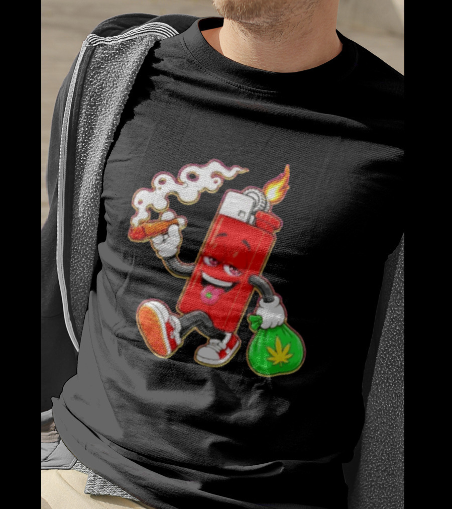 Flame Lighter And Smoking Joint With Cannabis Bag Cartoon T-Shirt