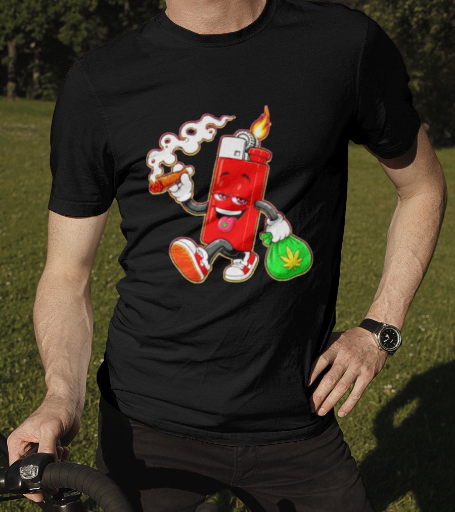Flame Lighter And Smoking Joint With Cannabis Bag Cartoon T-Shirt