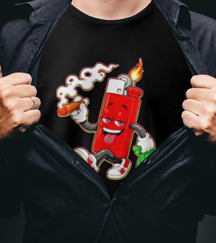 Flame Lighter And Smoking Joint With Cannabis Bag Cartoon T-Shirt