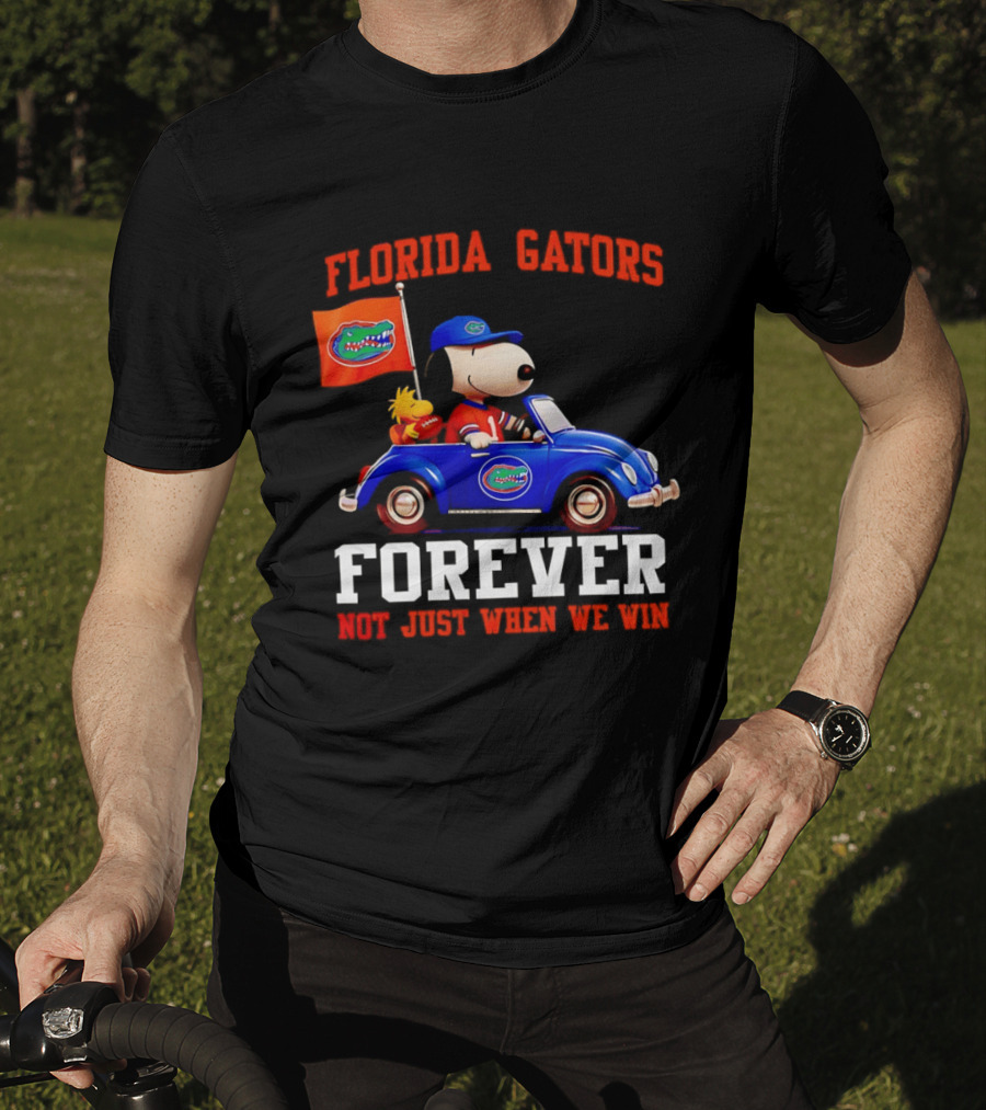 Peanuts Snoopy Woodstock In Blue Car Florida Gators Forever Not Just When We Win T-Shirt