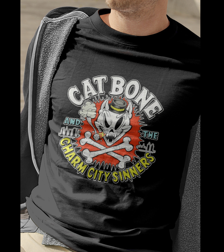 Cat Bone And The Charm City Sinners Smoking Skull And Crossbones Top Hat T-Shirt