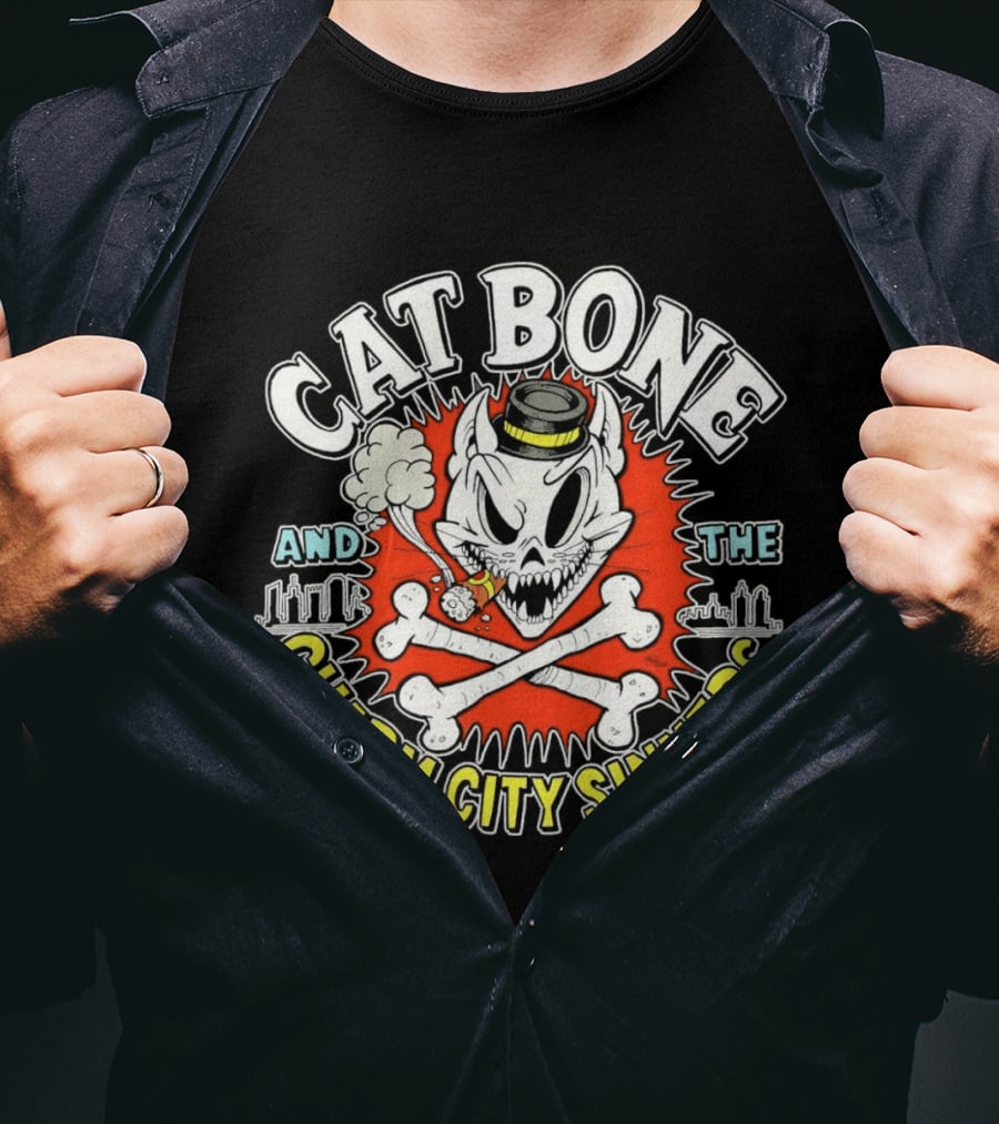 Cat Bone And The Charm City Sinners Smoking Skull And Crossbones Top Hat T-Shirt