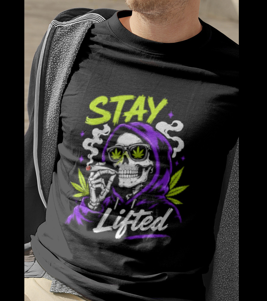 Stay Lifted Skeleton Smoking Weed Vapor Clouds Psychedelic T-Shirt