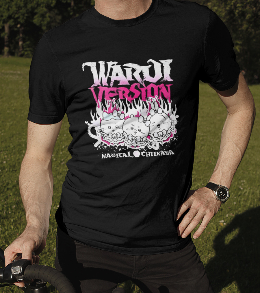 Warui Version Magical Chiikawa Characters In Fiery Pink And White T-Shirt