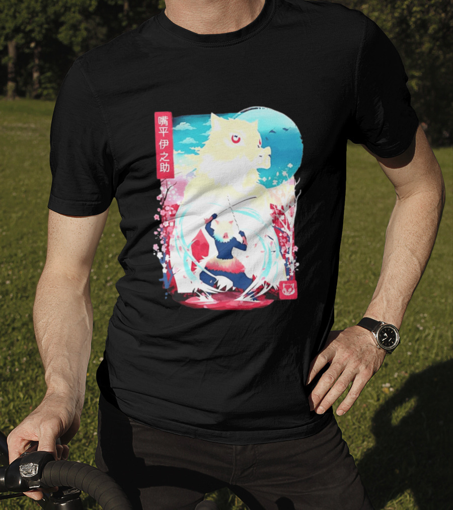 Inosuke Hashibira Boar Head Demon Slayer Anime Cherry Blossom Scene T-Shirt