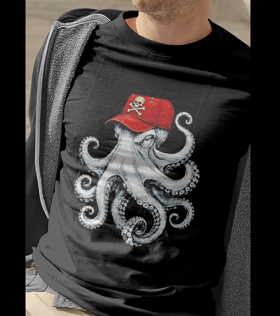 Octopus In Red Cap With Skull And Crossbones T-Shirt