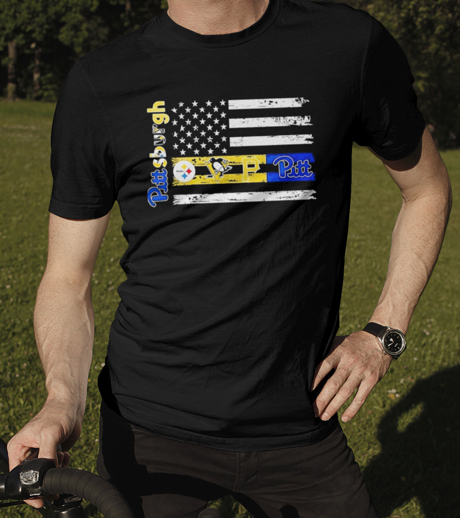 Pittsburgh Steelers Penguins Pirates Pitt American Flag T-Shirt