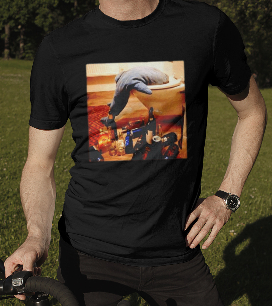 Shark Over Toilet With Alcohol Bottles Party Aftermath T-Shirt