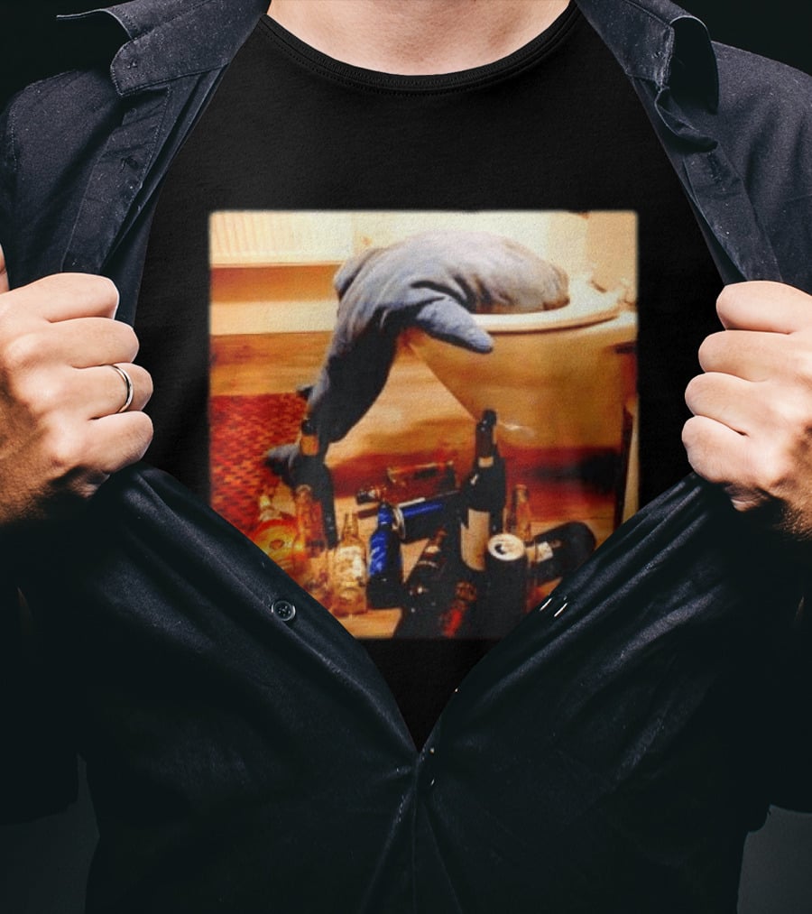Shark Over Toilet With Alcohol Bottles Party Aftermath T-Shirt