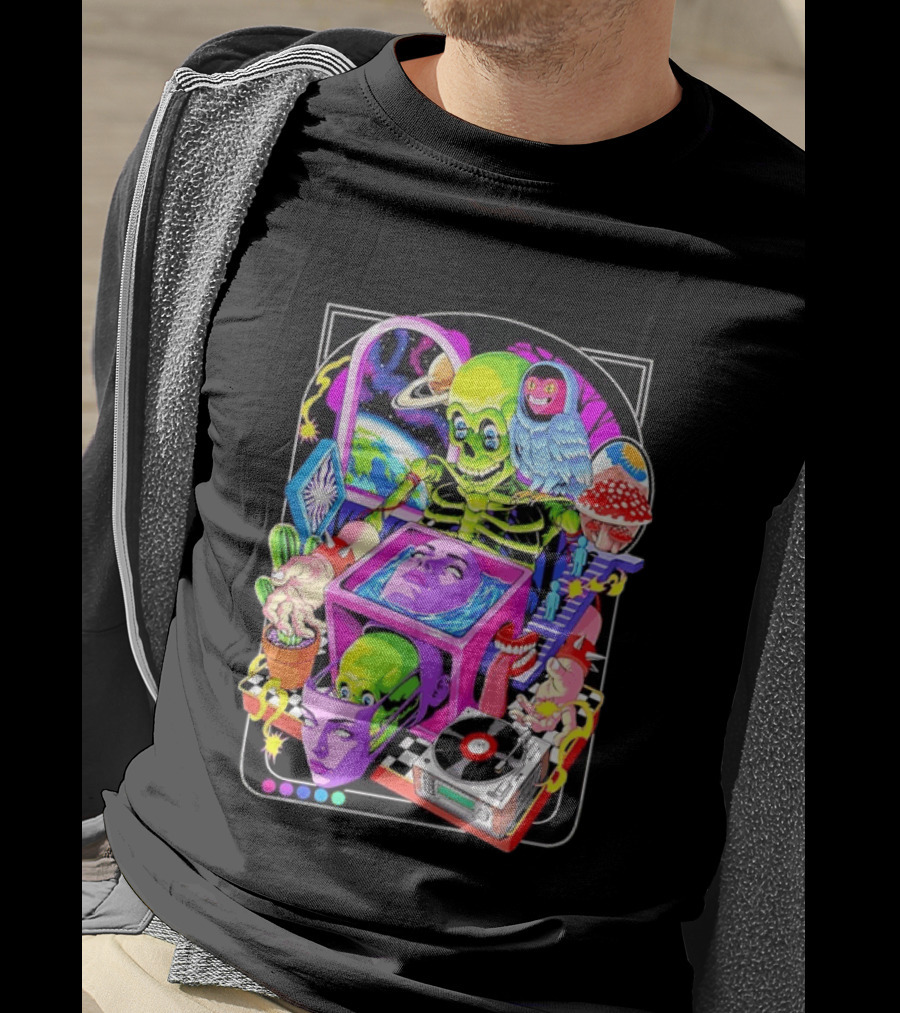 Green Skeleton Psychedelic Owl Surreal Heads Space Earth Trippy Mushrooms Record Player Adventure T-Shirt