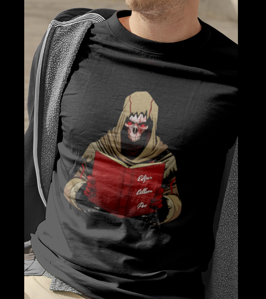Grim Reaper Hooded Skeleton With Red Eyes Holding Edgar Allan Poe Book T-Shirt