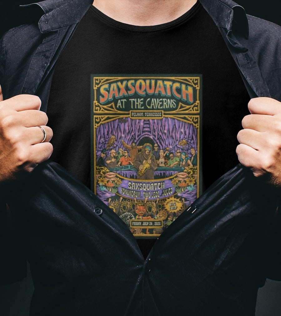 Saxsquatch At The Caverns Pelham Tennessee July 24 2026 Konundrum Two Egos Julez T-Shirt