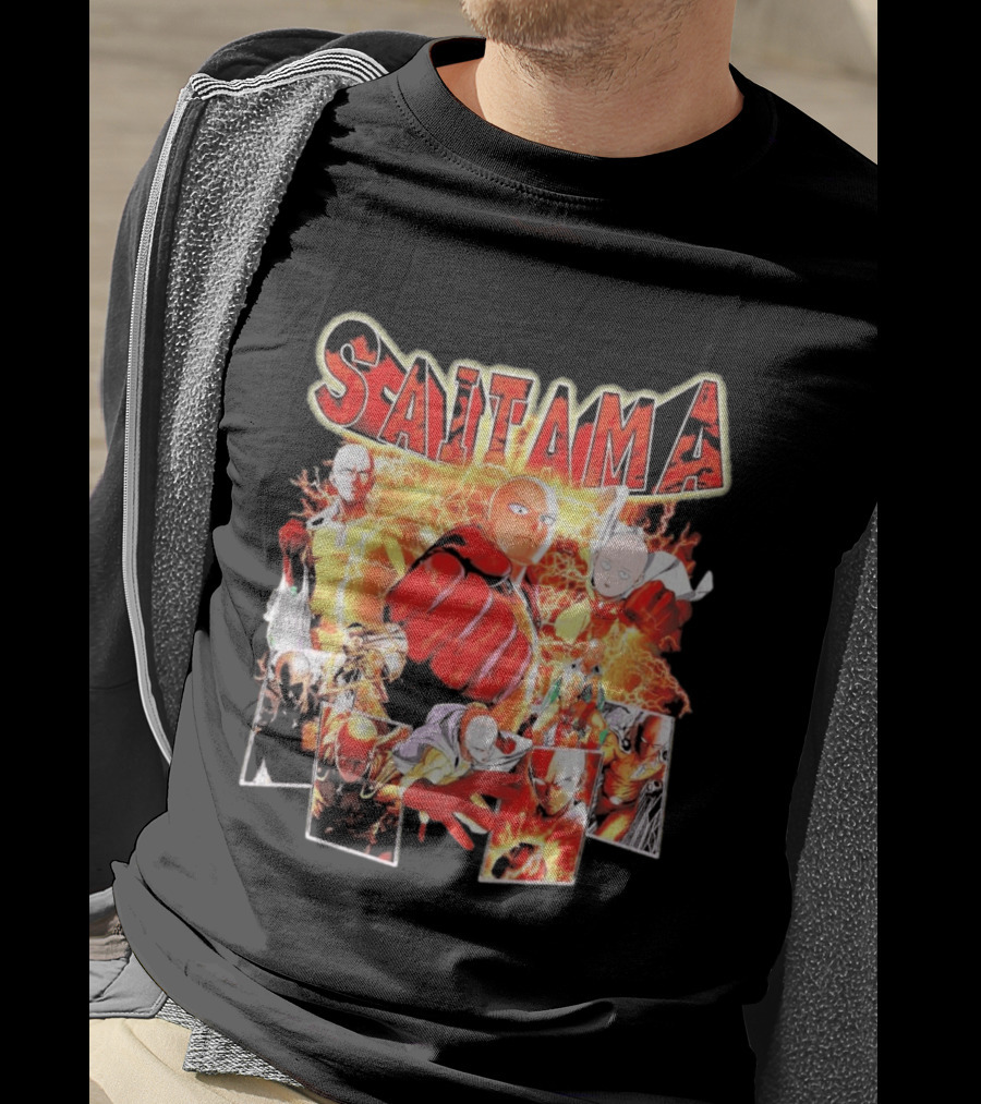 Saitama Hero Manga Character Collage With Lightning Fist T-Shirt