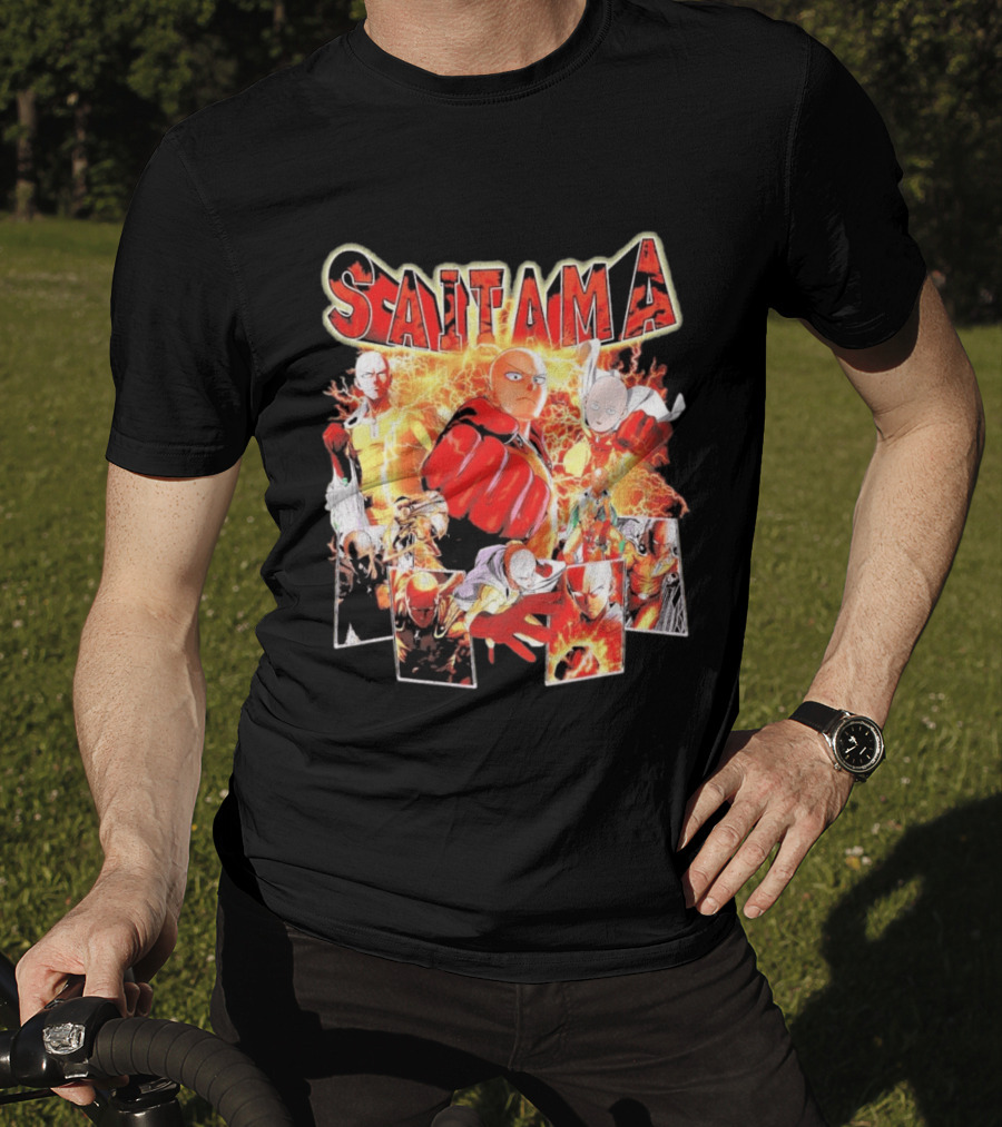 Saitama Hero Manga Character Collage With Lightning Fist T-Shirt