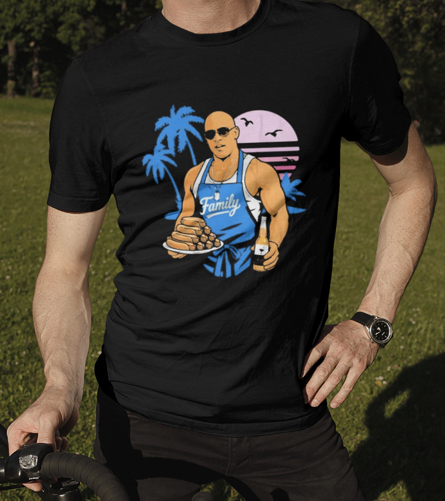 KCCO Family BBQ With Hot Dogs Palm Trees Sunset Birds T-Shirt