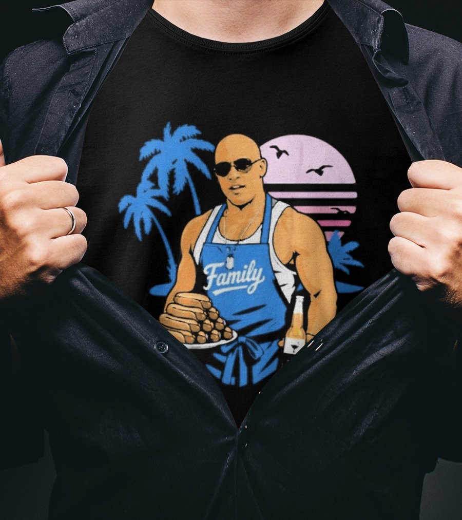 KCCO Family BBQ With Hot Dogs Palm Trees Sunset Birds T-Shirt