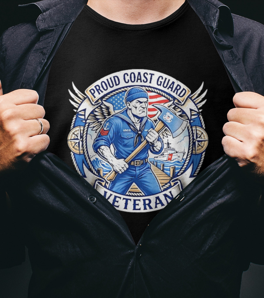 Proud Coast Guard Veteran USCG Military Sailor With Axe And American Flag T-Shirt