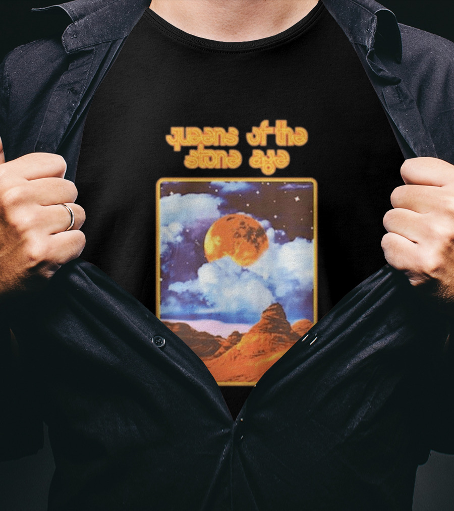 Queens Of The Stone Age Moon Landscape With Orange Cloudy Night Sky And Desert Scene T-Shirt