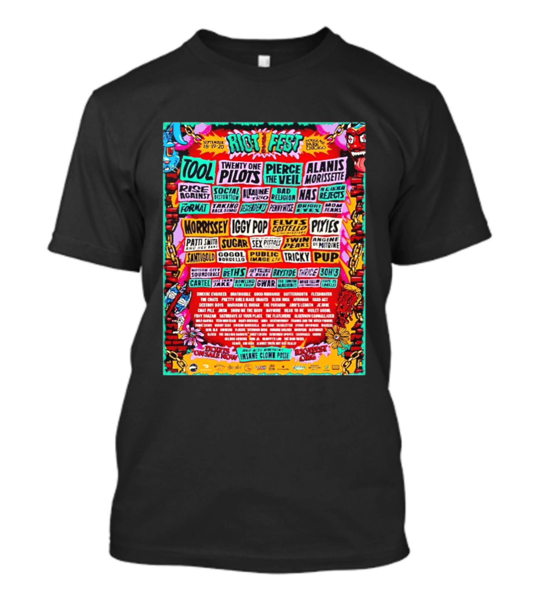 Riot Fest 2026 Full Lineup Douglass Park Chicago September 18 19 20 Featuring Tool Twenty One Pilots Pierce The Veil Alanis Morissette T-Shirt