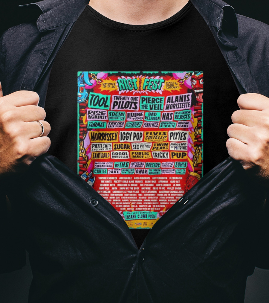 Riot Fest 2026 Full Lineup Douglass Park Chicago September 18 19 20 Featuring Tool Twenty One Pilots Pierce The Veil Alanis Morissette T-Shirt