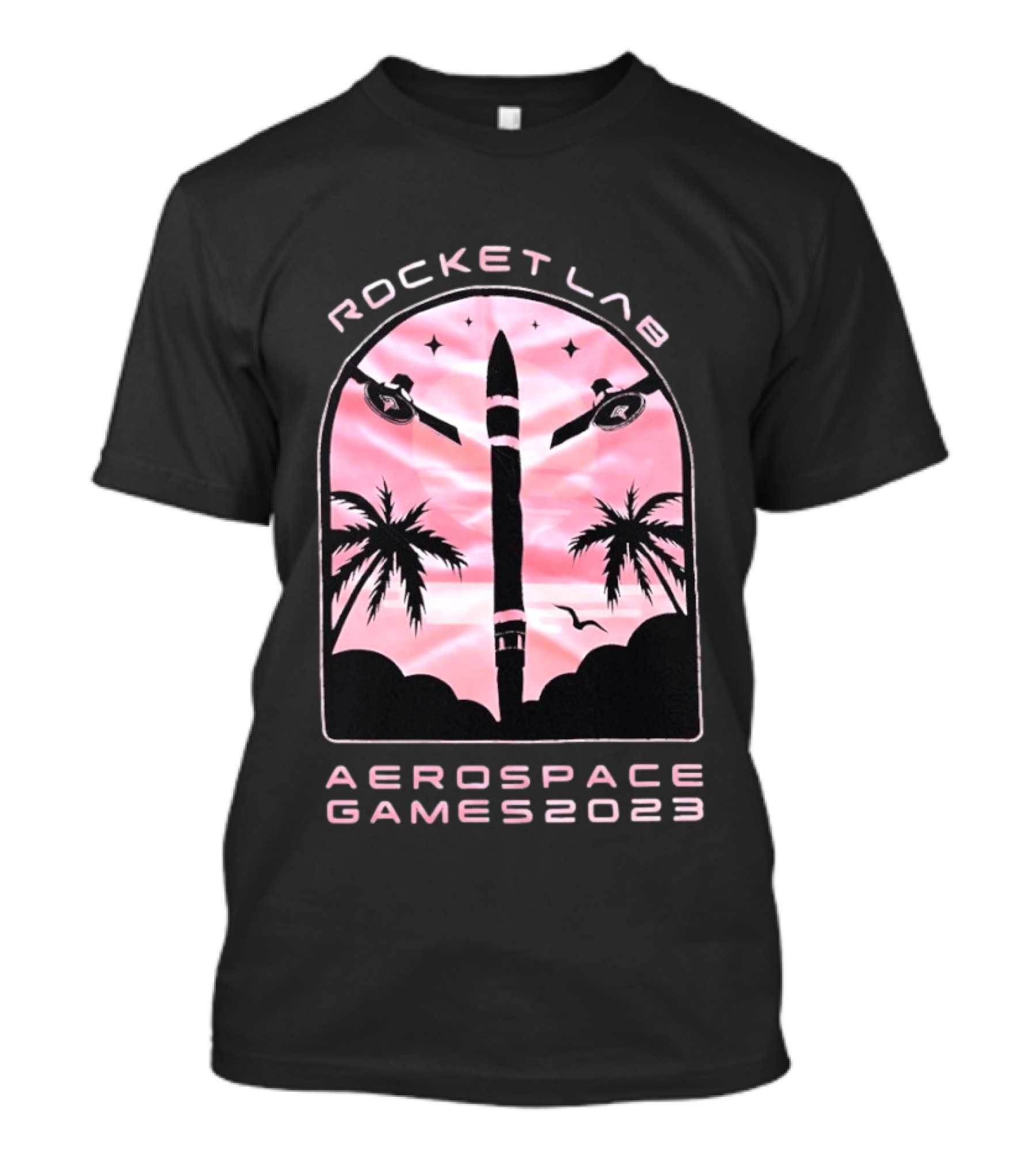 Rocket Lab Aerospace Games 2023 Rocket Space Satellite Event Palm Trees T-Shirt