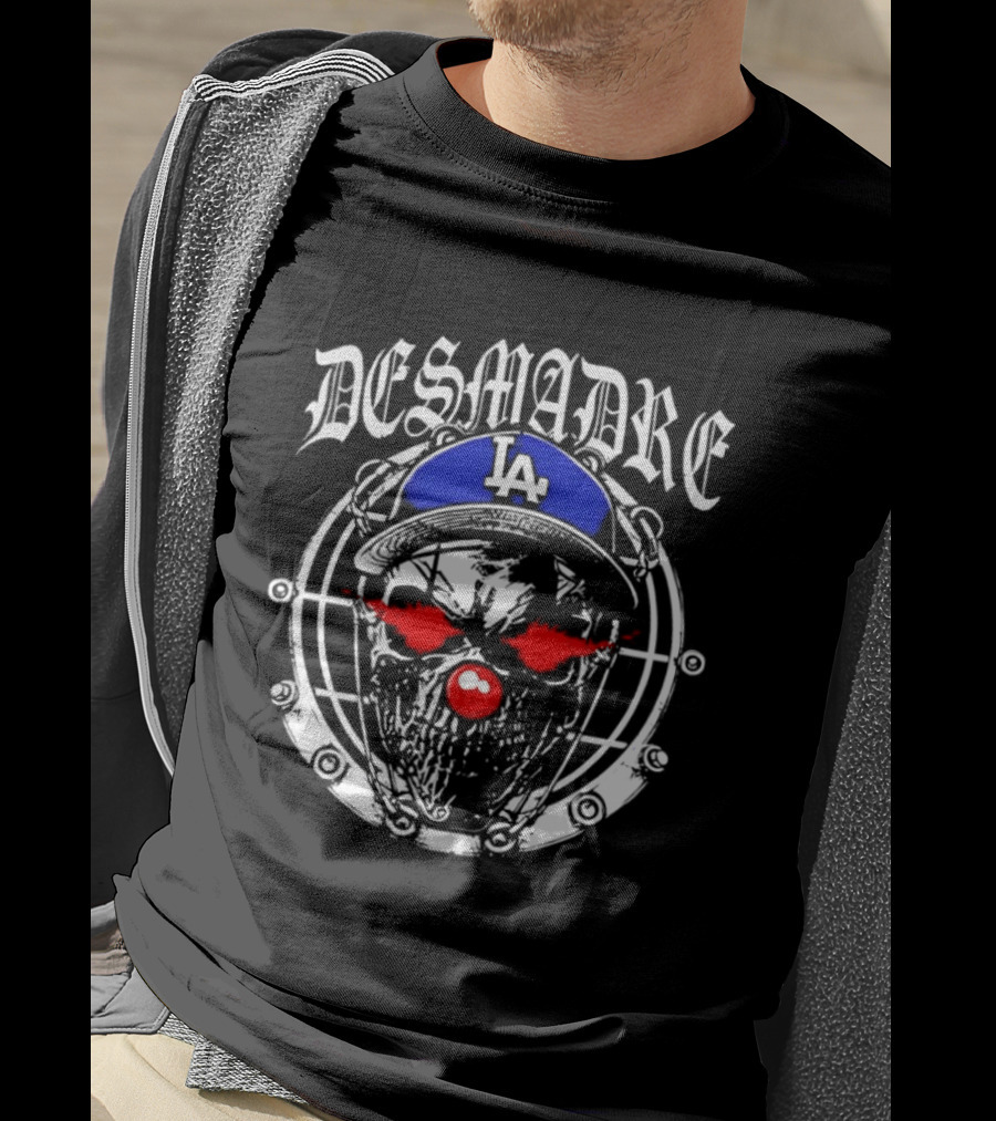 Skull In Los Angeles Dodgers Cap With Clown Makeup And DESMADRE T-Shirt