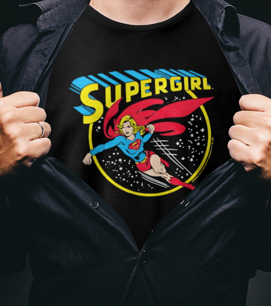 Supergirl DC Comics Flying Hero Iconic Red Cape Blue Suit Yellow T-Shirt