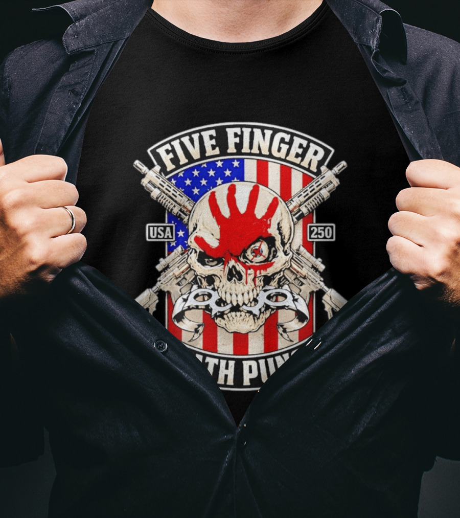 Five Finger Death Punch USA Skull With Guns And American Flag 250 July 4th T-Shirt