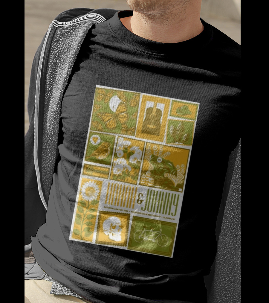 Hanah & Johnny May 30 2026 Ringer's Bar & Restaurant Slinger WI Butterfly Guitar Skull Bicycle Floral T-Shirt
