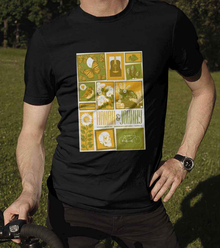 Hanah & Johnny May 30 2026 Ringer's Bar & Restaurant Slinger WI Butterfly Guitar Skull Bicycle Floral T-Shirt
