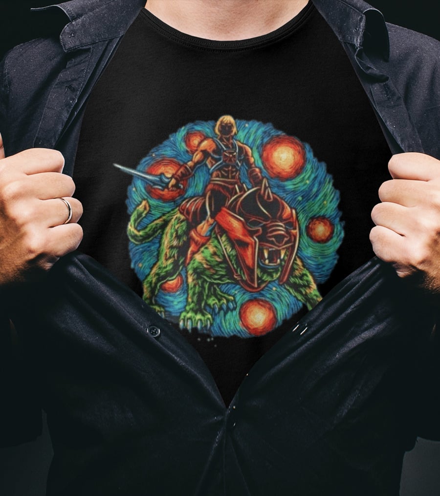 He Man And Battle Cat Starry Night Strength Courage Van Gogh Fusion T-Shirt