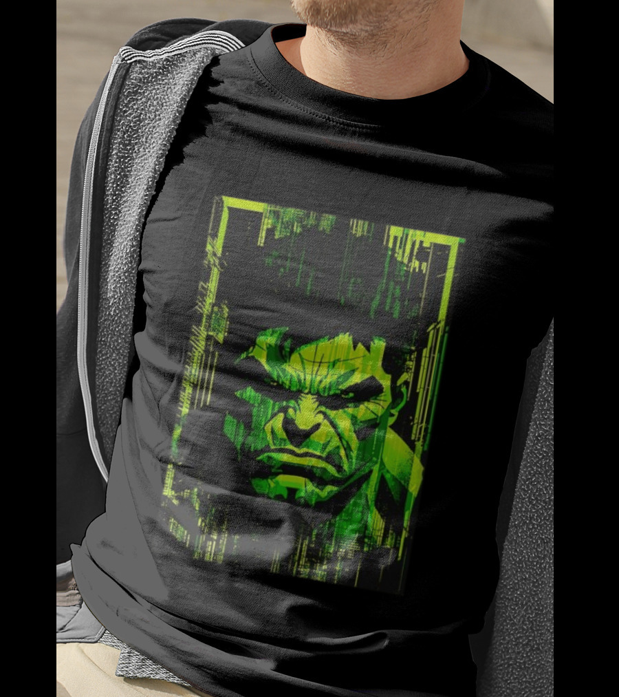 Hulk Glitch Digital Green Abstract Face T-Shirt