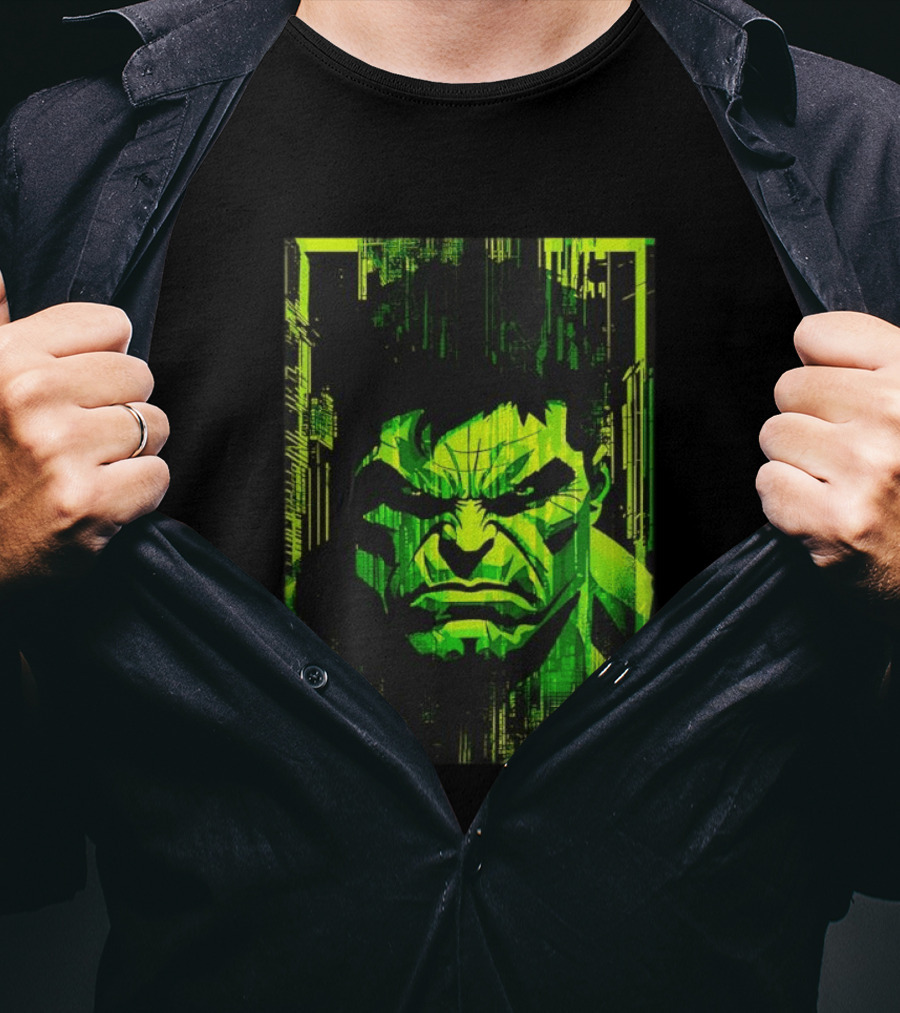 Hulk Glitch Digital Green Abstract Face T-Shirt