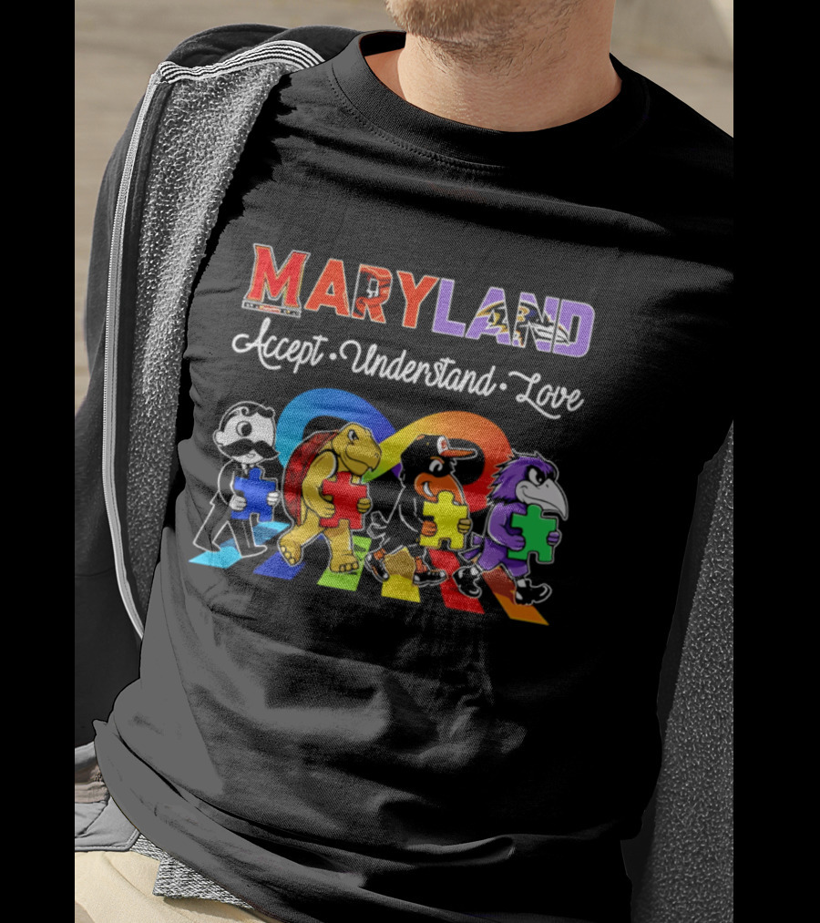 Maryland Pride Accept Understand Love With Sports Mascots And Puzzle Pieces T-Shirt