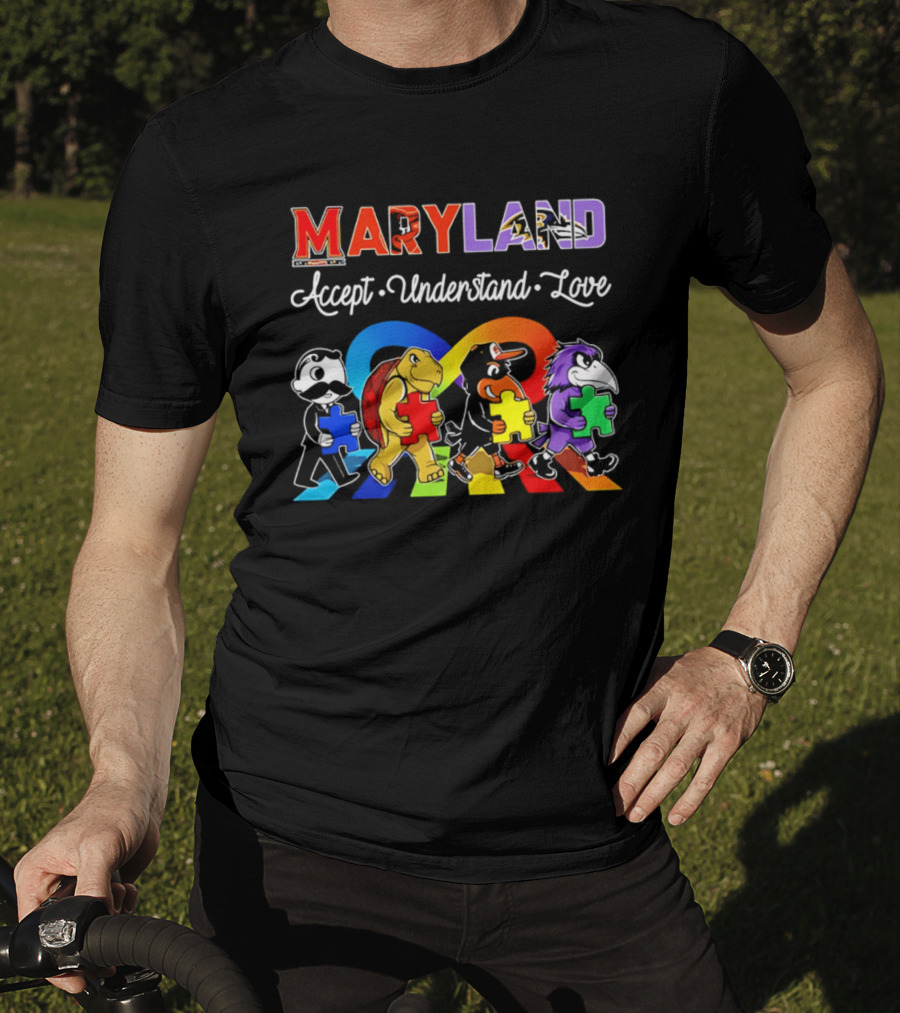 Maryland Pride Accept Understand Love With Sports Mascots And Puzzle Pieces T-Shirt
