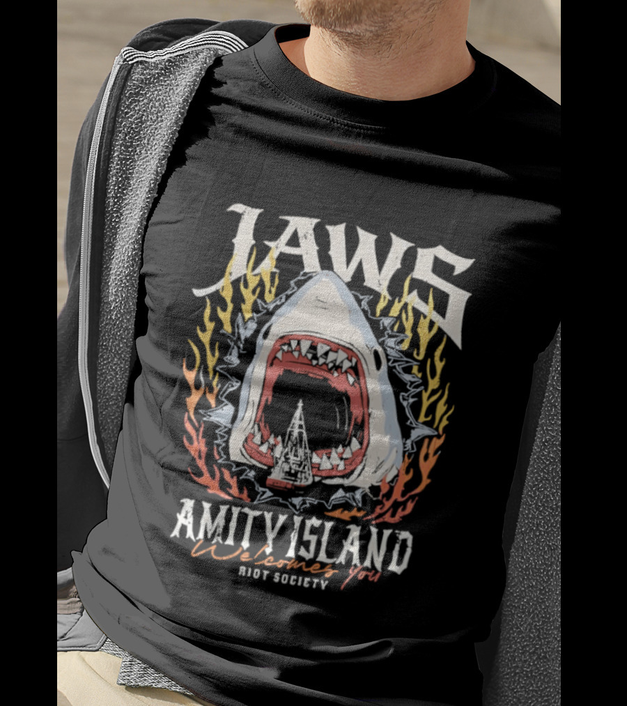Jaws Amity Island Welcomes You Shark Eating Riot Society T-Shirt
