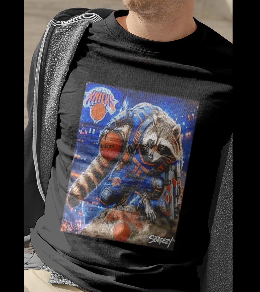 Rocket Raccoon New York Knicks Marvel Guardians NBA Crossover Wilson Ball T-Shirt
