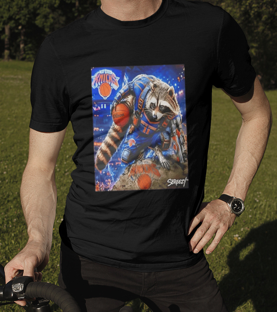 Rocket Raccoon New York Knicks Marvel Guardians NBA Crossover Wilson Ball T-Shirt