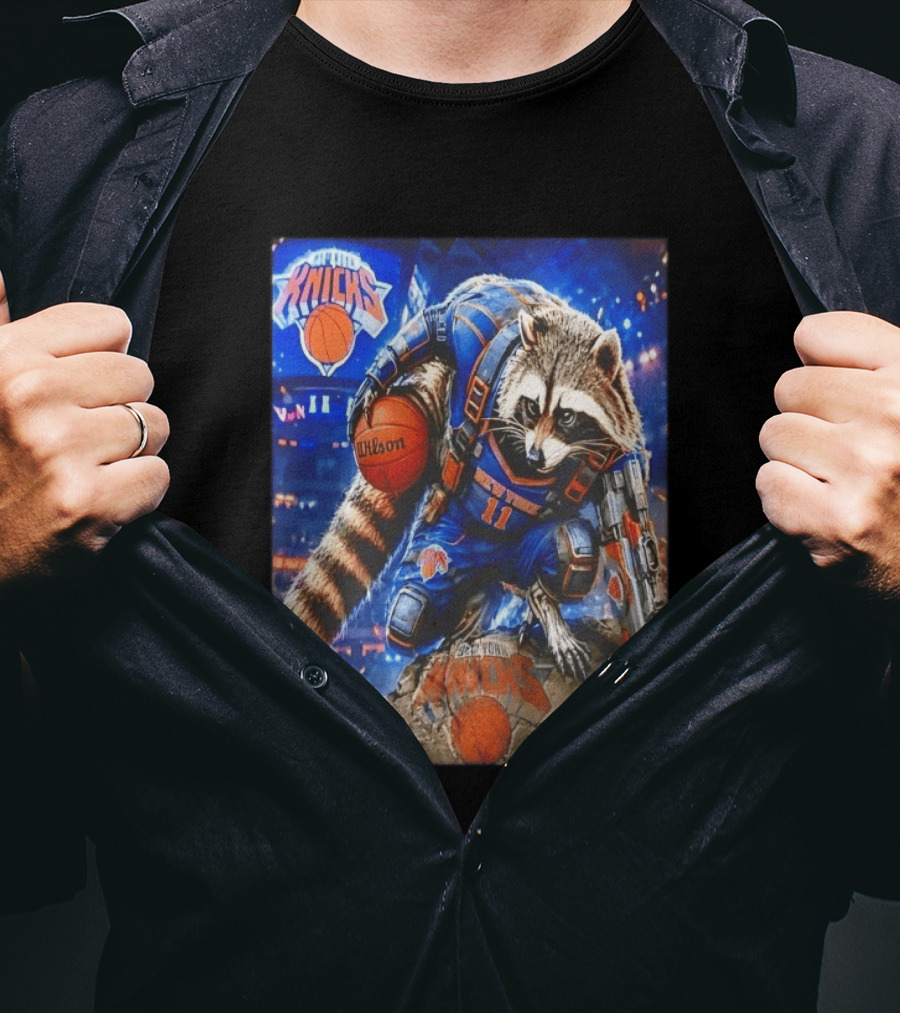 Rocket Raccoon New York Knicks Marvel Guardians NBA Crossover Wilson Ball T-Shirt